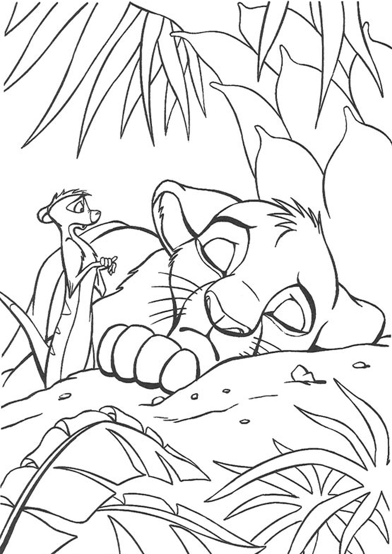 kolorowanka Król Lew Disney - śpiący, zmęczony Simba i troskliwy Timon, dla dzieci malowanka do wydruku numer 27
